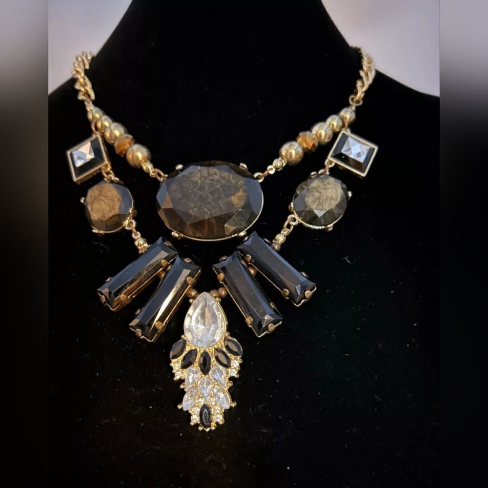 Vtg. Chico's Statement Necklace Gold Tone Chain & Acrylic Brown Beads &Jewel 18"